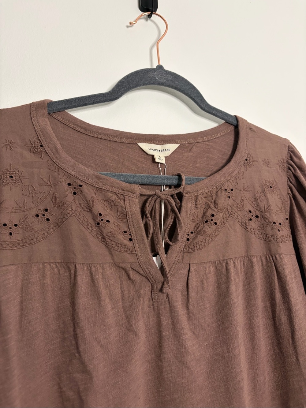 Lucky Brand Brown Long-Sleeve Peasant Blouse with Eyelet Yoke - Picture 3 of 4